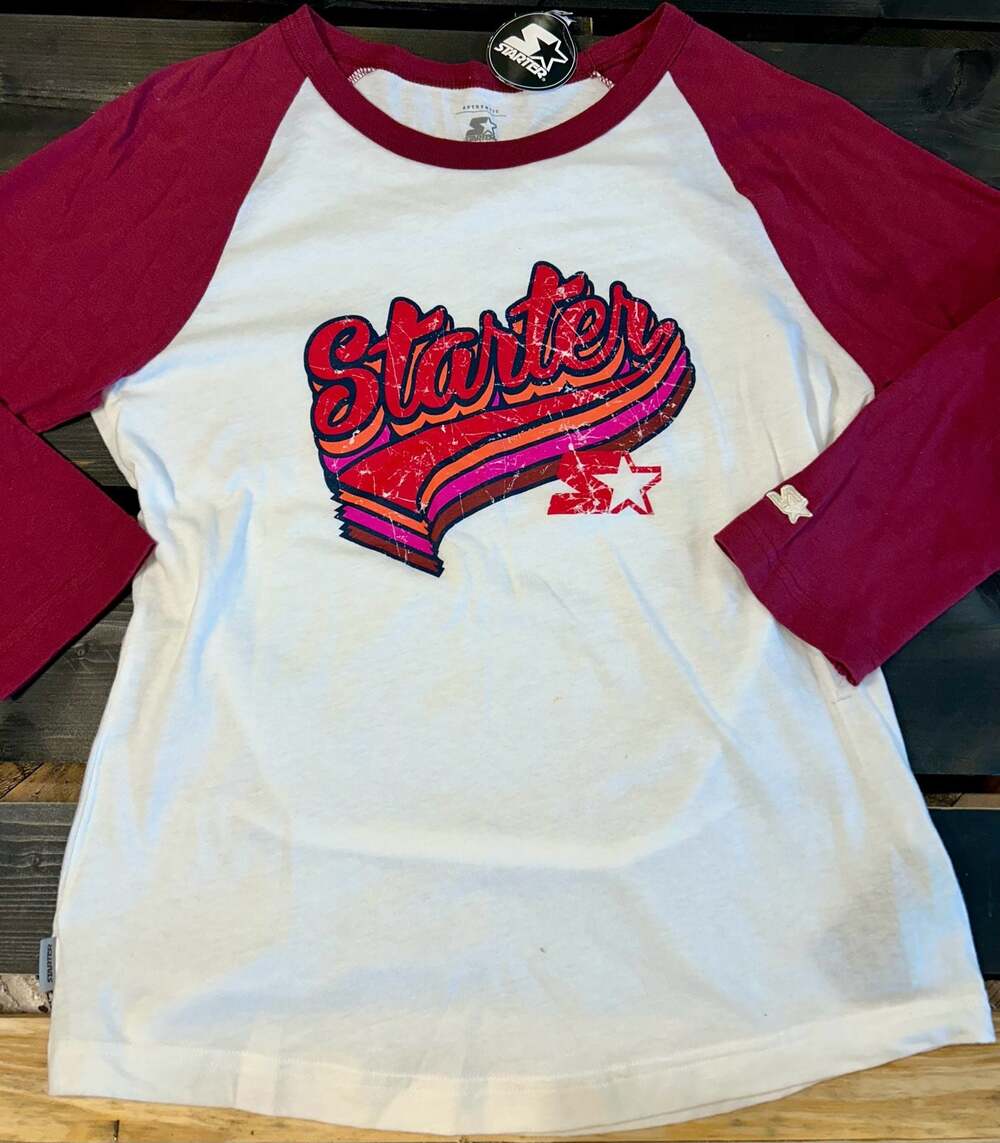 Starter Logo Graphic 3/4 Sleeve Baseball Raglan T-Shirt White and Burgundy